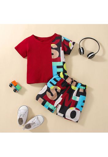 2pcs Baby Boy 95% Cotton Short-sleeve Letter Print Black Splicing T-shirt and Shorts Set