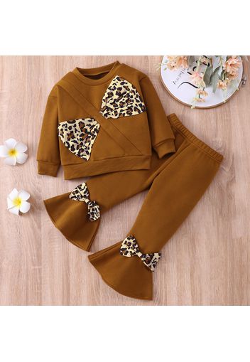 2-piece Toddler Girl Leopard Print Button Design Brown Sweatshirt and Flared Pants Set