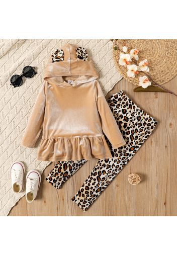 2-piece Toddler Girl Ruffle Hem Ear Design Hooded Velvet Sweatshirt and Leopard Print Pants Set