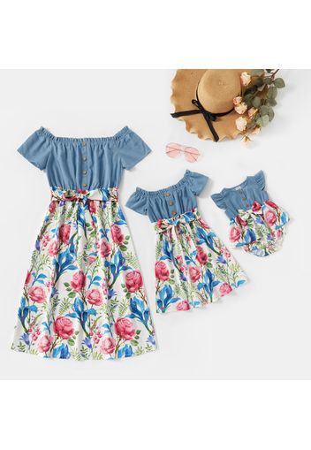 Mommy and Me Solid Stitching Floral Print Off-shoulder Dresses