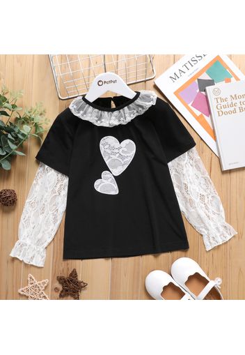 Kid Girl Faux-two Lace Design Heart Pattern Long-sleeve Blouse