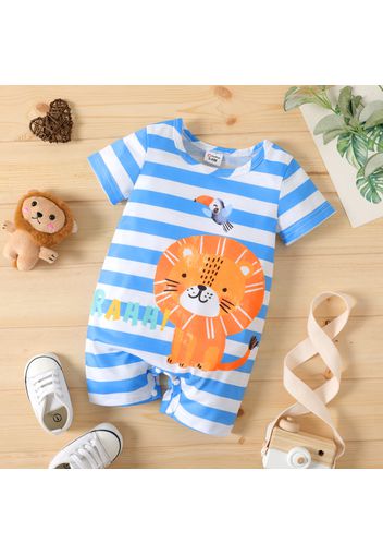 Baby Boy Cartoon Lion Print Blue Striped Short-sleeve Romper