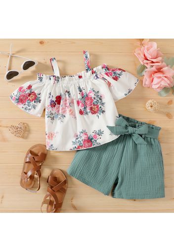 2pcs Kid Girl Floral Print Ruffled Off Shoulder Short-sleeve Strap Blouse and Belted Shorts Set