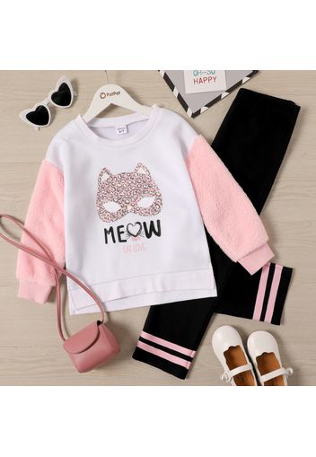 2-piece Kid Girl Letter Cat Print Fuzzy Sleeve Sweatshirt and Striped Pants Set