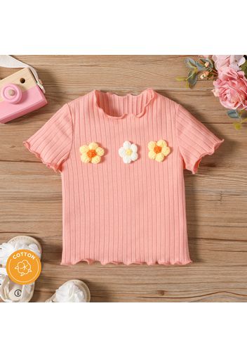 Baby Girl 3D Floral Design Solid Ribbed Lettuce Trim Short-sleeve Top