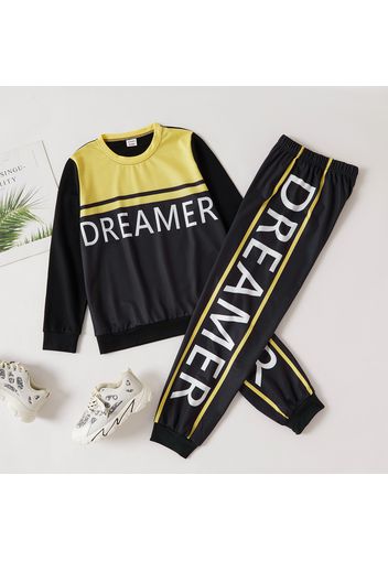 2-piece Kid Boy Letter Print Colorblock Pullover and Elasticized Pants Casual Set