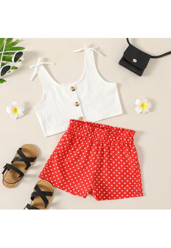 2-piece Kid Girl 100% Cotton Button Design Tank Top and Polka dots Paperbag Shorts Set