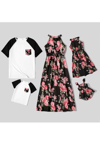 Family Matching Floral Print Black Halter Neck Off Shoulder Sleeveless Dresses and Raglan-sleeve T-shirts Sets