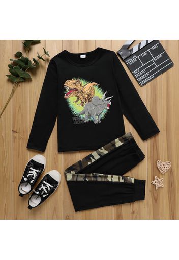 2pcs Kid Boy Animal Dinosaur Print Long-sleeve Cotton Tee Camouflage Print Pants Set