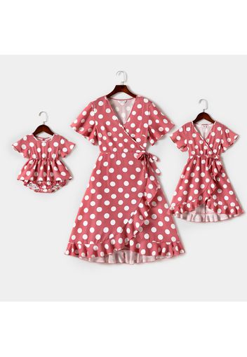 All Over Polka Dots Print V Neck Ruffle Short-sleeve Self-tie Wrap Dress for Mom and Me