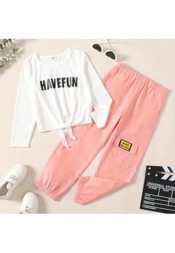 2-piece Kid Girl Letter Print Tie Knot Long-sleeve Tee and Cargo Pants Set