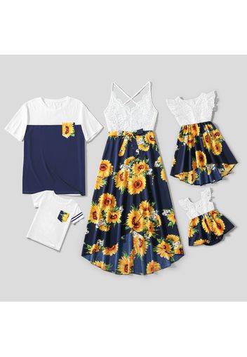 Family Matching Lace Splicing Sunflower Floral Print Tulip Hem Sleeveless Dresses and Short-sleeve T-shirts Sets