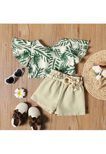 2-piece Toddler Girl Leaf Print Back Button Design Ruffle-sleeve Tee and Belted Paperbag Shorts Set