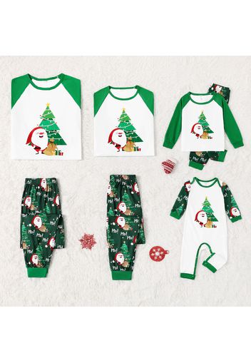 Christmas Santa and Tree Print Green Family Matching Long-sleeve Pajamas Sets (Flame Resistant)