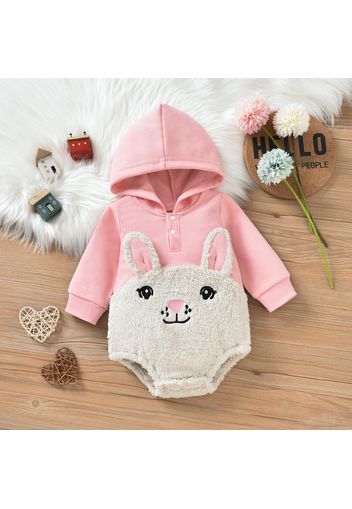 Baby Girl Pink Hooded Long-sleeve Splicing Rabbit Embroidered 3D Ears Fuzzy Fleece Romper