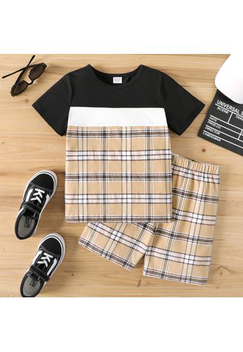 2pcs Kid Boy Casual Plaid Colorblock Short-sleeve Tee and Elasticized Shorts Set