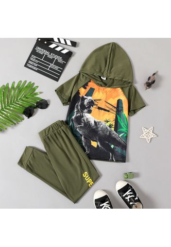 2-piece Kid Boy Animal Dinosaur Building Print Short-sleeve Hoodie and Letter Print Pants Set