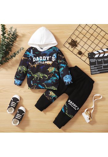 2-piece Toddler Boy Letter Dinosaur Print Hoodie and Elasticized Pants Set