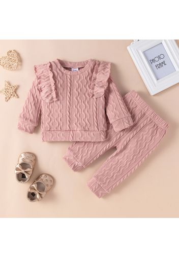 2pcs Baby Girl Pink Cable Knit Long-sleeve Ruffle Pullover Sweater and Trousers Set