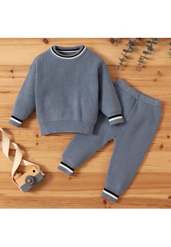 100% Cotton 2pcs Solid Stripe Decor Knitted Long-sleeve Baby Set