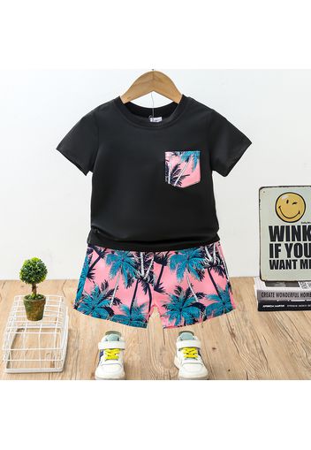 2pcs Toddler Boy Vacation Floral Print Pocket Tee & Quick-Dry Shorts Set