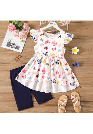 2pcs Kid Girl Butterfly Print Flutter-sleeve High Low Top and Elasticized Shorts Set