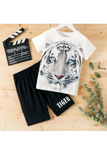 2-piece Kid Boy Animal Tiger Print Short-sleeve Tee and Letter Print Shorts Set