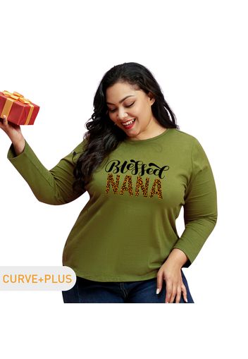 Women Plus Size Graphic Letter and Leopard Print Round Neck Long-sleeve Tee