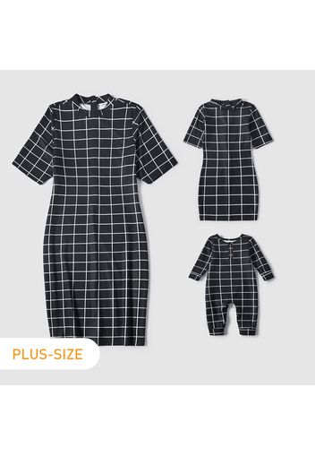 Black Plaid Half-sleeve Slim-fit Dress for Mom and Me