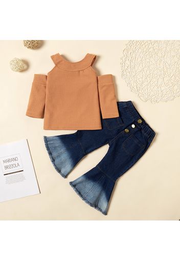 2-piece Baby / Toddler Girl Knitted Off Shoulder Top and Denim Flares Set