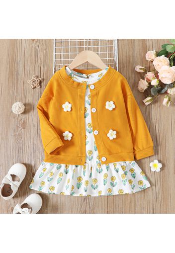 2pcs Toddler Girl Floral Print Sleeveless Dress and Yarn Flower Design Jacket Set