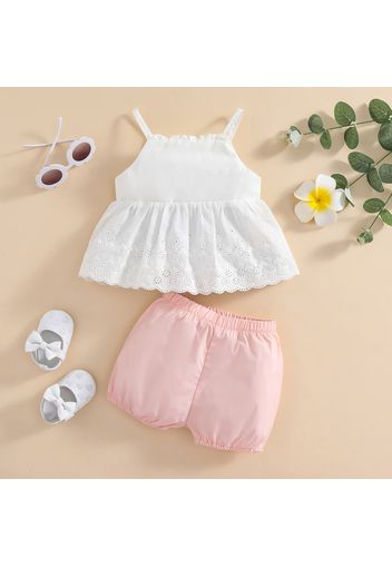 100% Cotton 2pcs Baby Girl Solid Hollow Out Embroidered Sleeveless Spaghetti Strap Top and Shorts Set