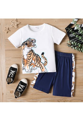 2pcs Kid Boy Animal Tiger Print Short-sleeve White Tee and Colorblock Shorts Set