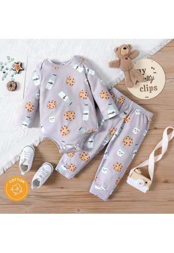 100% Cotton 2pcs Allover Cookie & Milk Bottle Print Long-sleeve Romper and Pants Set