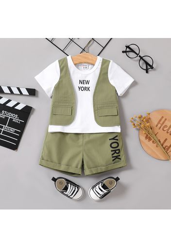 2pcs Baby Boy 95% Cotton Short-sleeve Letter Print Faux-two Top and Shorts Set