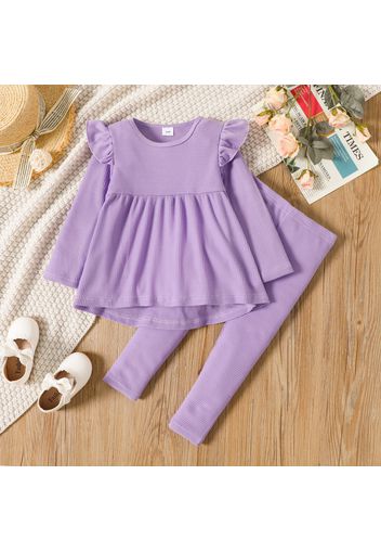 2pcs Toddler Girl Ruffled High Low Waffle Long-sleeve Purple Tee and Leggings Set