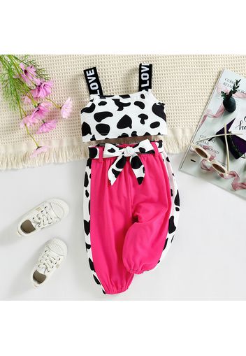 2pcs Baby Girl Cow Print Letter Cami Crop Top and Belted Colorblock Pants Set