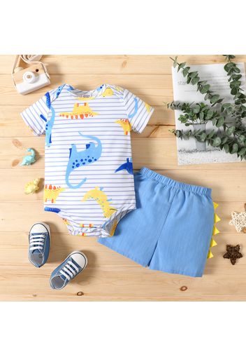 2pcs Baby Boy Cartoon Dinosaur Print Short-sleeve Romper and Shorts Set