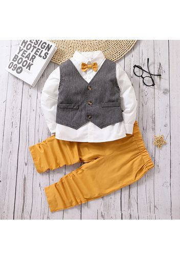 2pcs Toddler Boy Gentleman Suit, Faux-two Bow tie Vest Design Shirt and Pants Party Set