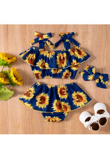 3pcs Baby Girl All Over Sunflower Floral Print Spaghetti Strap Ruffle Crop Top and Skirted Shorts with Headband Set