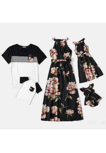 Floral Print Black Family Matching Sets（Halter Neck Belted Maxi Dresses and Short-sleeve T-shirts）