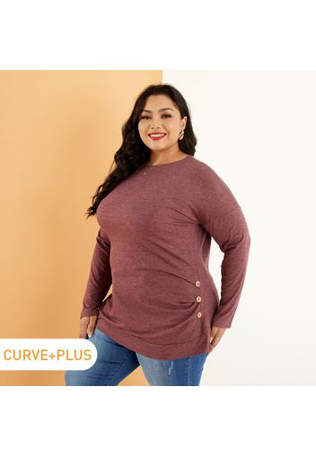 Women Plus Size Basics Button Design Round-collar Long-sleeve Tee