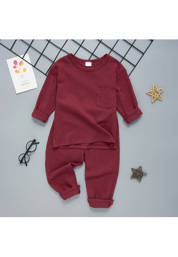 2-piece Toddler Boy Round-collar Long-sleeve Ribbed Solid Top with Pocket and Elasticized Pants Casual Set