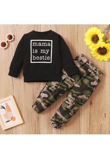 2-piece Toddler Girl Letter Print Pullover Sweatshirt and Camouflage Pants Set