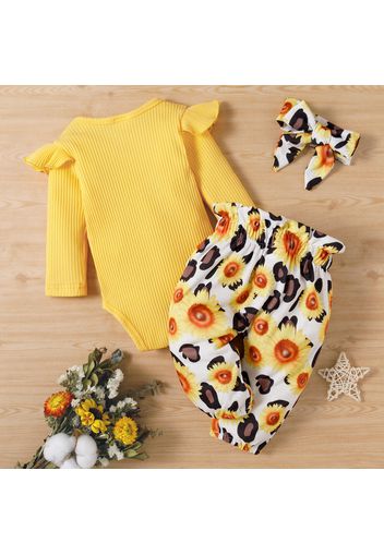 3pcs Baby Girl Letter Embroidered Yellow Long-sleeve Ribbed Romper and Sunflower Floral Print Trousers Set