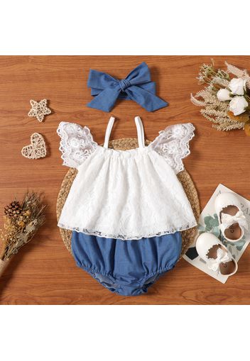 3pcs Baby Girl Cold Shoulder Lace Flutter-sleeve Top and Shorts with Headband Set