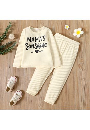 2pcs Toddler Girl Letter Print Ribbed Long-sleeve Tee and Elasticized Pants Set