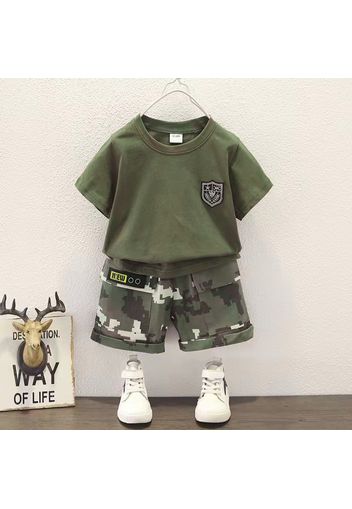 2pcs Toddler Boy Trendy Patch Embroidered Tee and Camouflage Print Shorts Set