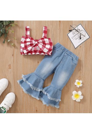 Denim 2pcs Plaid Print Sleeveless Baby Set