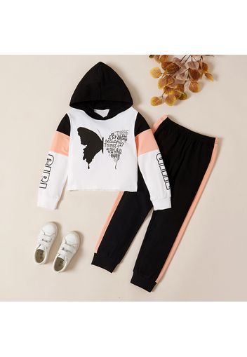 2-piece Kid Girl Butterfly Print Letter Hooded Sweatshirt and Pants Set